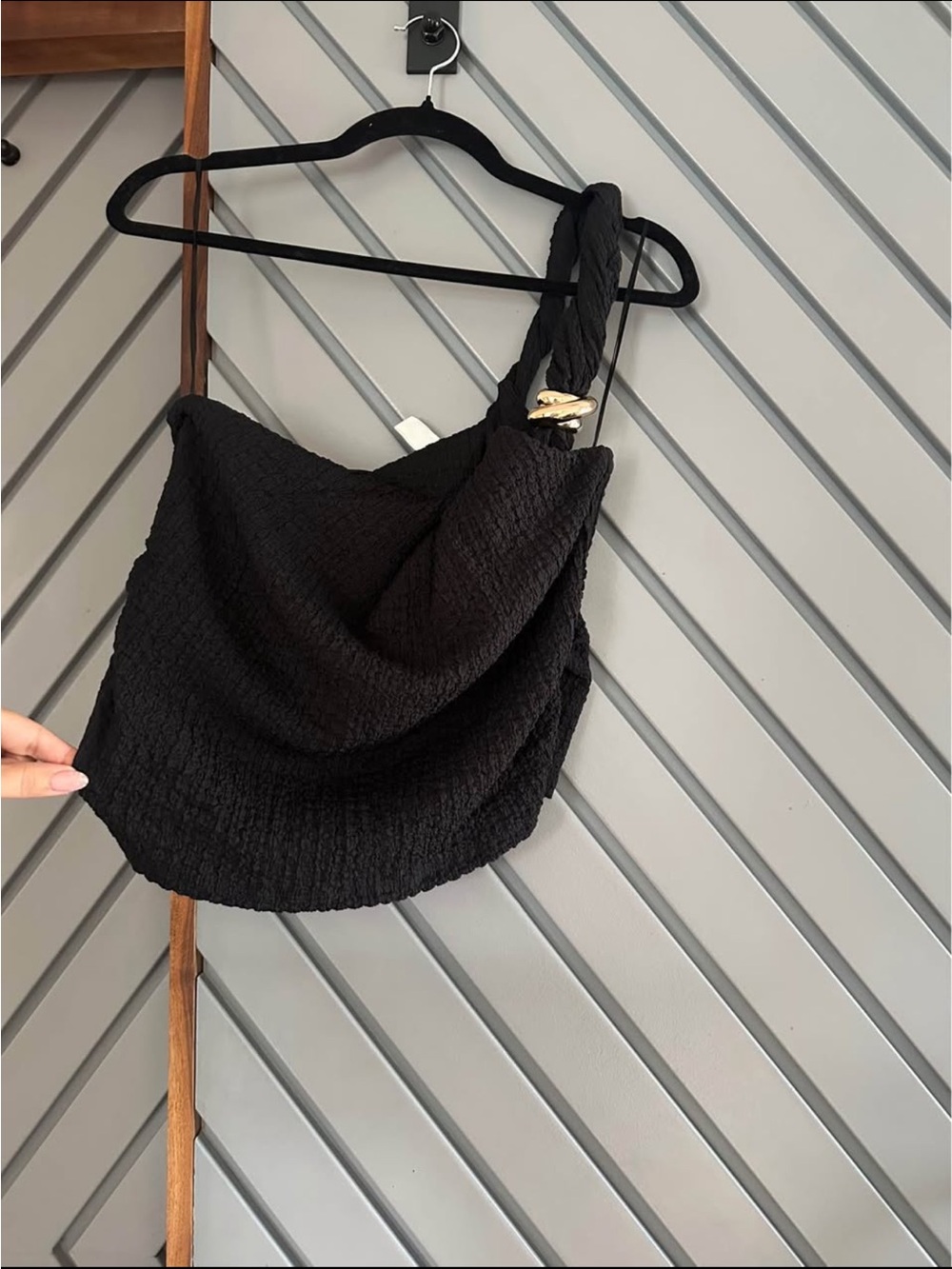 H&M Black One-Shoulder Braided-Strap Crop Top with Gold Accent